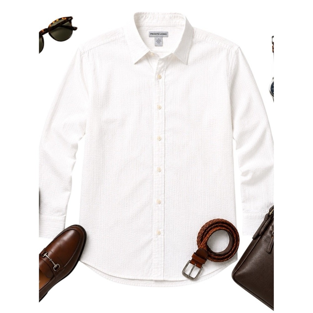 Pronto Uomo White Textured Dress Shirt Mens XL Long Sleeve Career Office Shirt